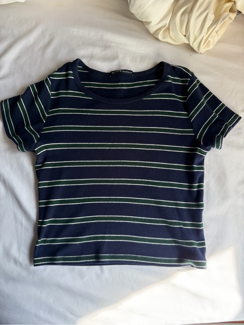 Brandy melville navy blue green striped cropped short sleeve baby t-shirt